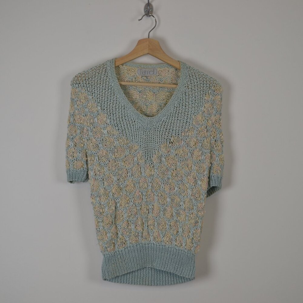 Vintage Nannell Crochet Knit Puff Short Sleeve V Neck Pullover Stretch Sweater